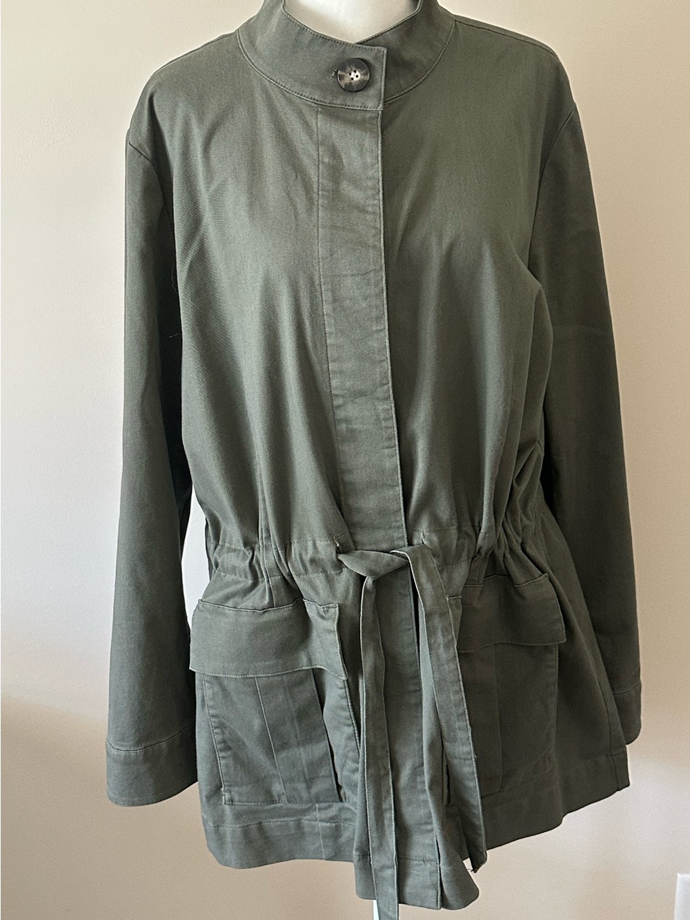 J Jill Olive Green Utility Jacket Fabric Tie  Cinch Waist Cargo Pockets Sz L EUC - Picture 2 of 6